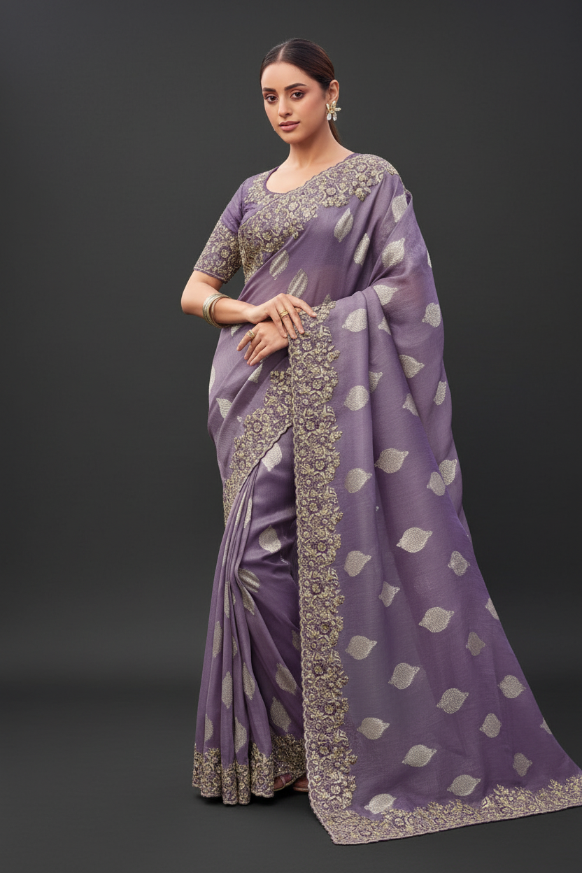 Lavender Georgette Stone and Moti Work Saree