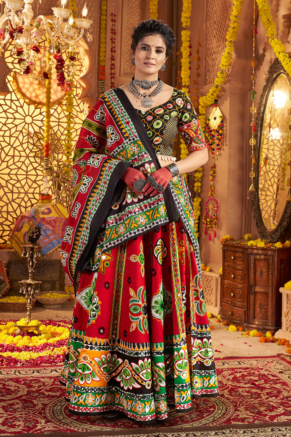 MAROON COTTON  NAVRATRI LEHENGA CHOLI WITH AARI WORK