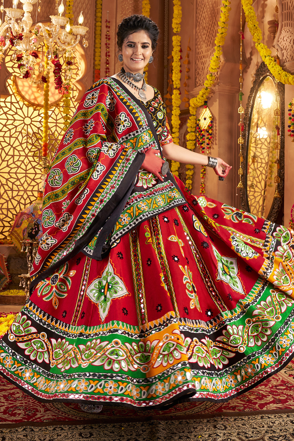 MAROON COTTON  NAVRATRI LEHENGA CHOLI WITH AARI WORK