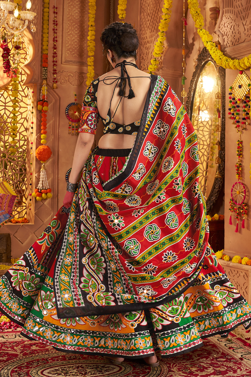 MAROON COTTON  NAVRATRI LEHENGA CHOLI WITH AARI AND FOIL WORK