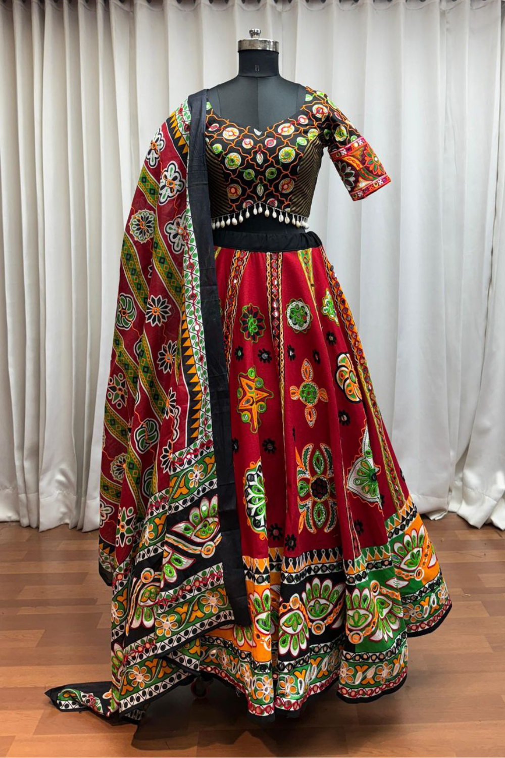 MAROON COTTON  NAVRATRI LEHENGA CHOLI WITH AARI AND FOIL WORK