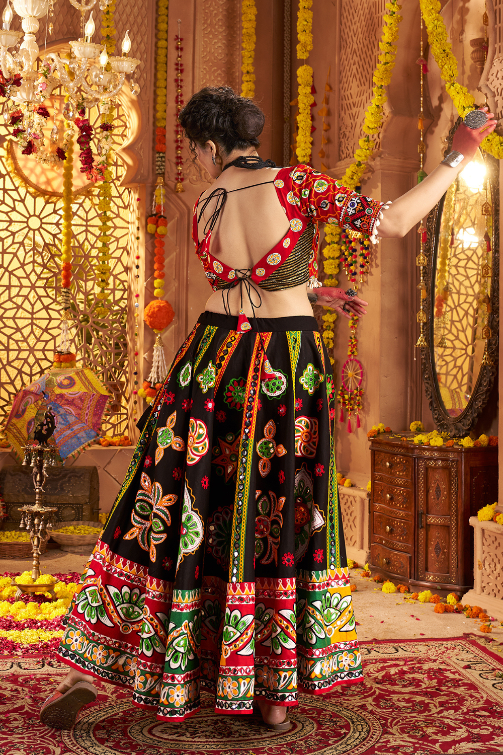 BLACK COTTON NAVRATRI  CHANIYA CHOLI WITH MIRROR AND FOIL WORK