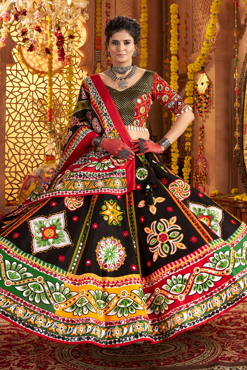BLACK COTTON NAVRATRI  CHANIYA CHOLI WITH MIRROR AND FOIL WORK