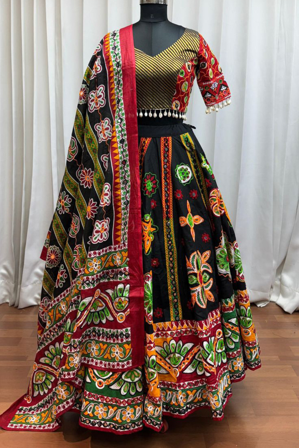 BLACK COTTON NAVRATRI  CHANIYA CHOLI WITH MIRROR AND FOIL WORK