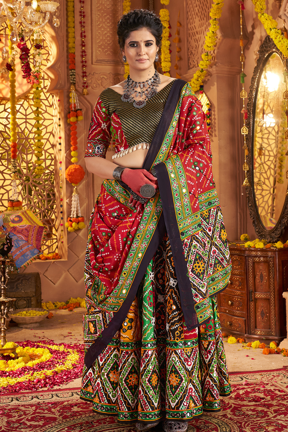 MULTI COLOR COTTON NAVRATRI LEHENGA CHOLI WITH FOIL WORK