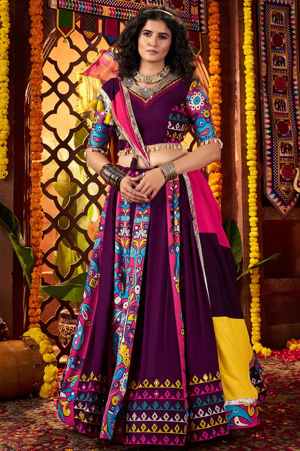 PURPLE VISCOSE COTTON NAVRATRI LEHENGA CHOLI WITH MULTI THREAD AND MIRROR WORK