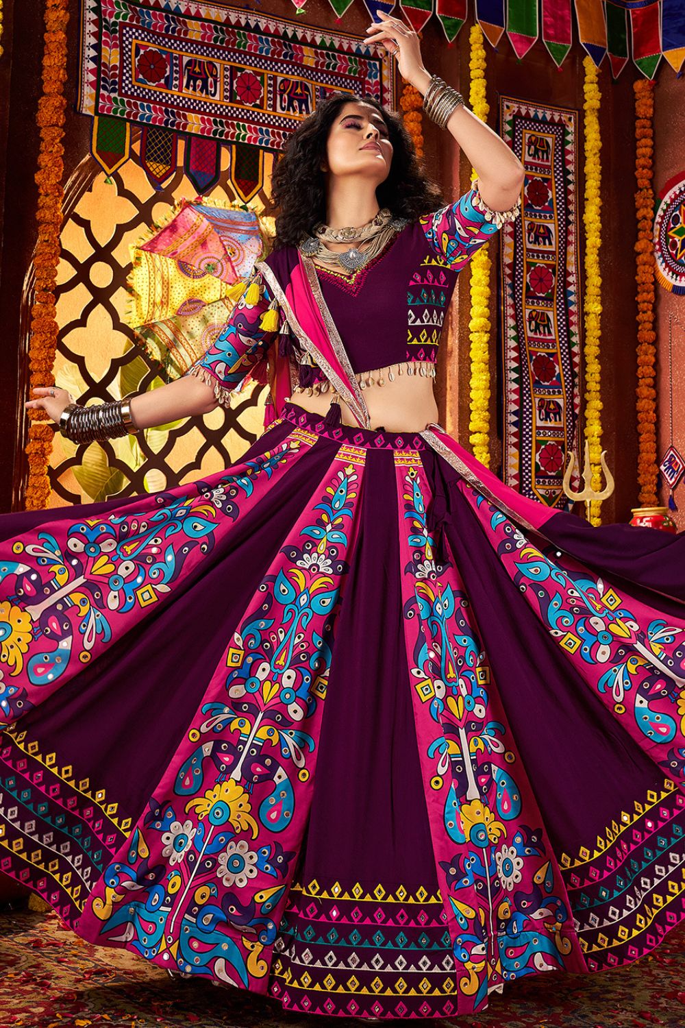 PURPLE VISCOSE COTTON NAVRATRI LEHENGA CHOLI WITH MULTI THREAD AND MIRROR WORK