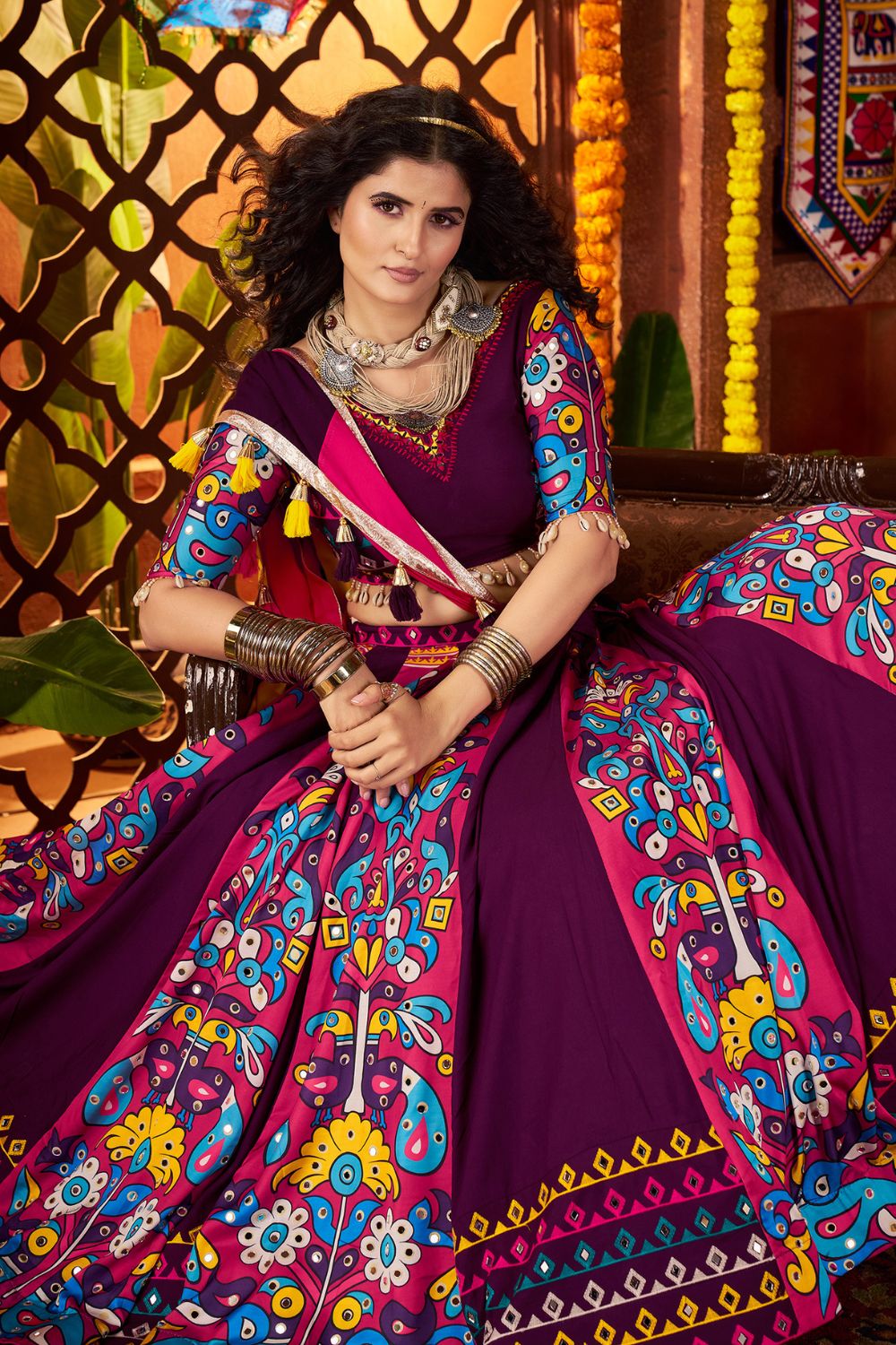 PURPLE VISCOSE COTTON NAVRATRI LEHENGA CHOLI WITH MULTI THREAD AND MIRROR WORK