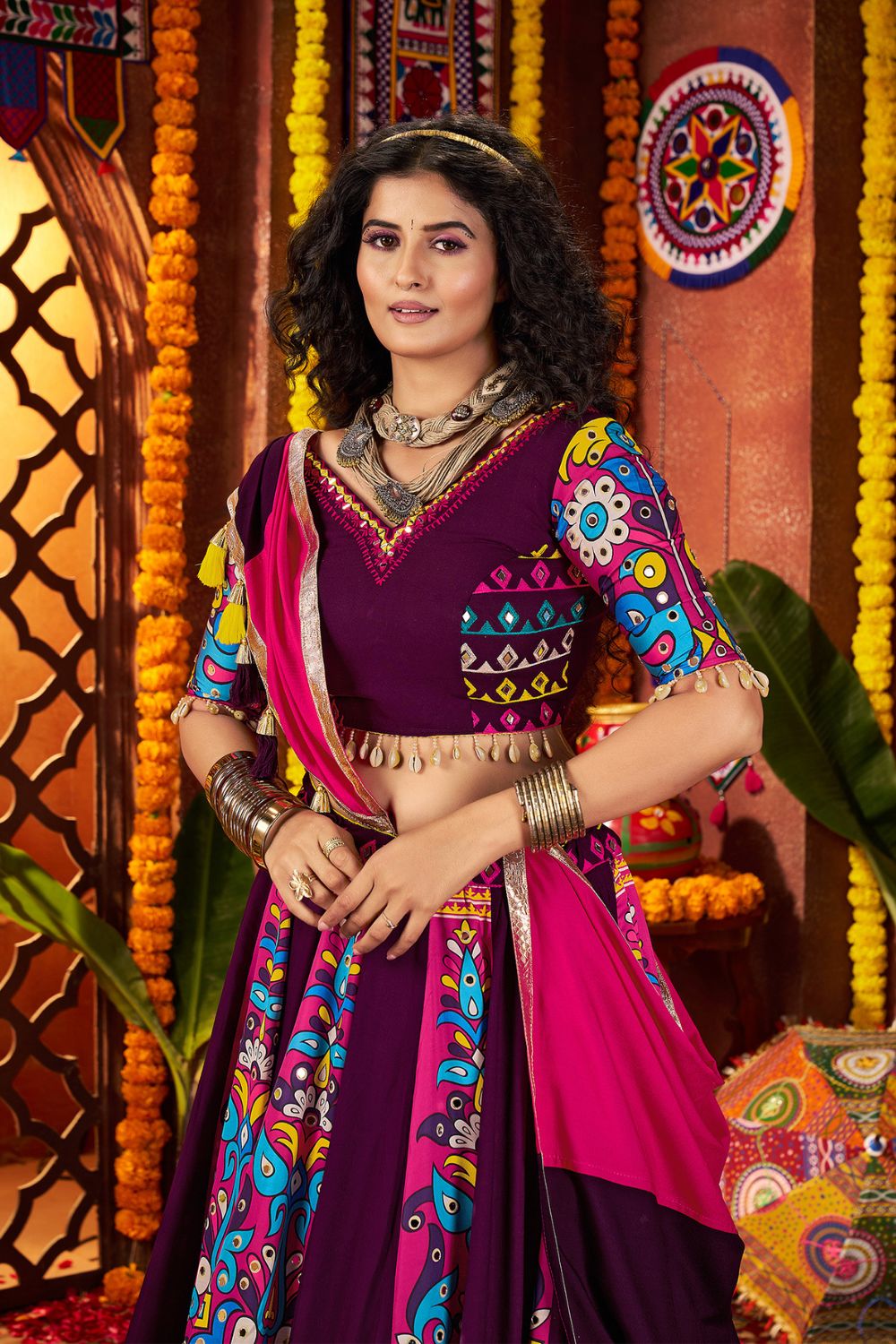 PURPLE VISCOSE COTTON NAVRATRI LEHENGA CHOLI WITH MULTI THREAD AND MIRROR WORK
