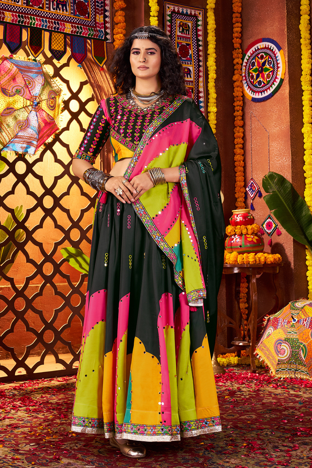 BLACK AND MULTI RAYON NAVRATRI LEHENGA CHOLI WITH DIGITAL PRINT AND MIRROR WORK