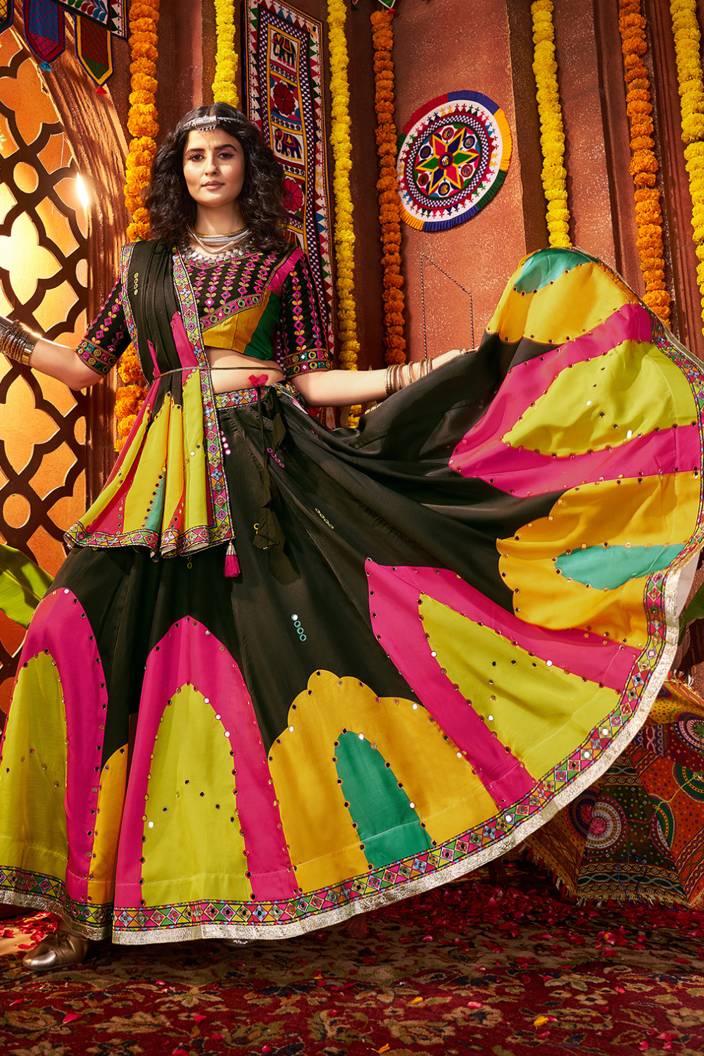 BLACK AND MULTI RAYON NAVRATRI LEHENGA CHOLI WITH DIGITAL PRINT AND MIRROR WORK