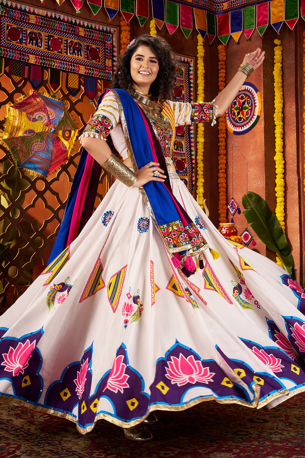 WHITE & BLUE RAYON NAVRATRI LEHENGA CHOLI WITH PRINT AND MIRROR WORK