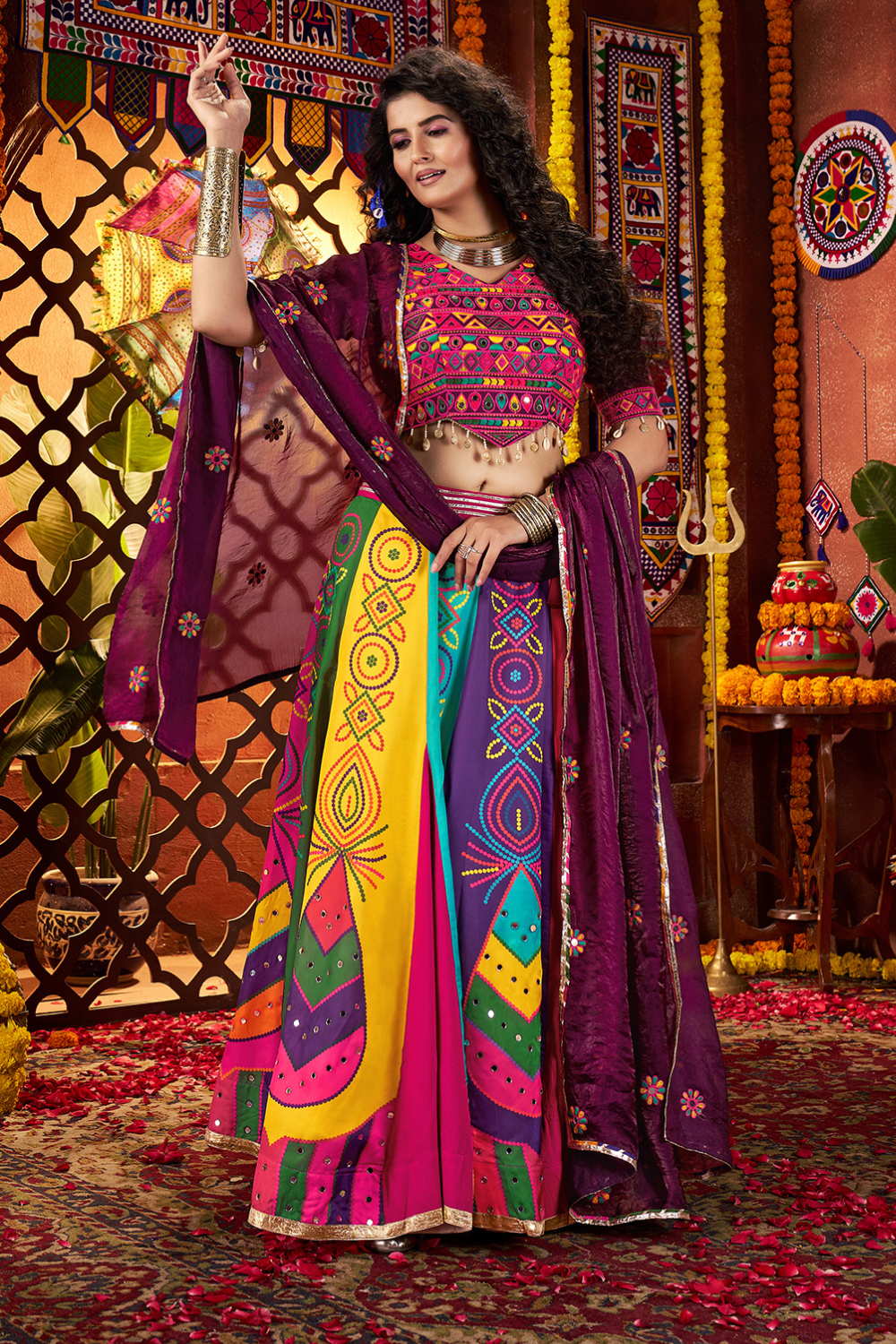 MULTI RAYON NAVRATRI LEHENGA CHOLI WITH PRINT AND MIRROR WORK