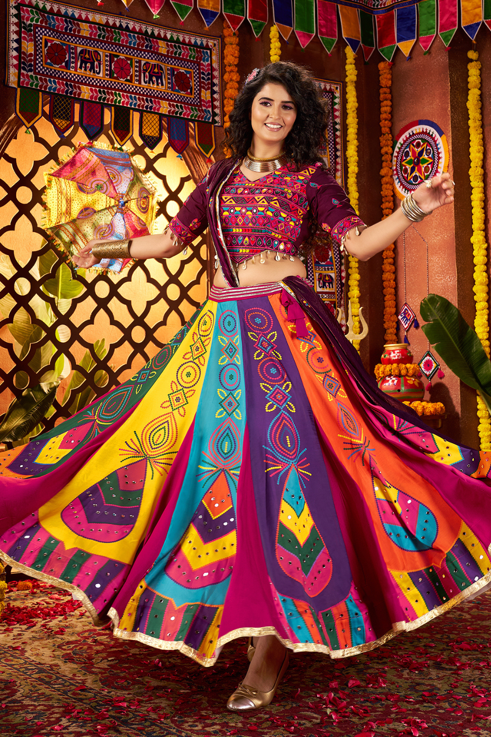 MULTI RAYON NAVRATRI LEHENGA CHOLI WITH PRINT AND MIRROR WORK