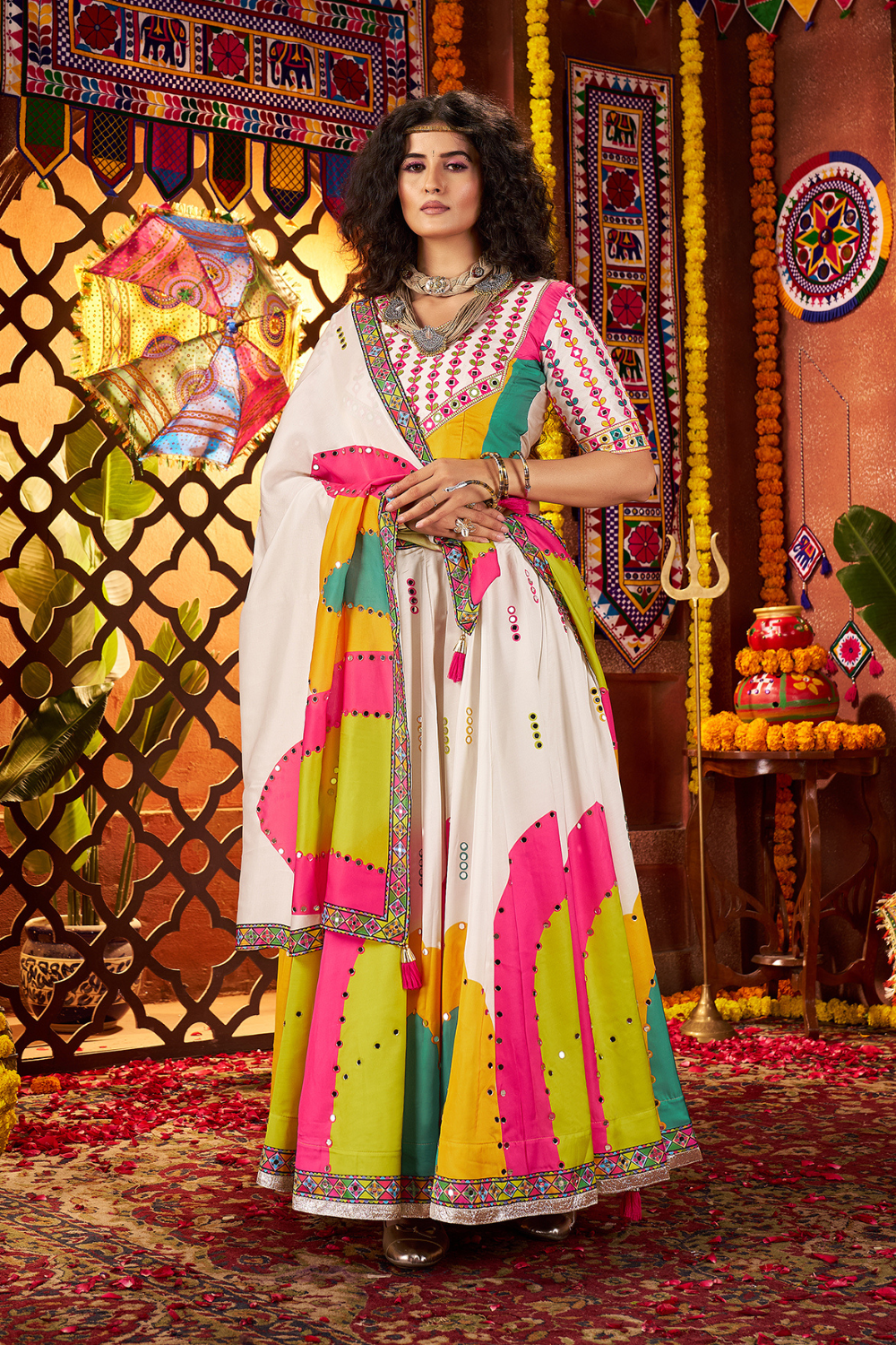 WHITE RAYON NAVRATRI LEHENGA CHOLI WITH DIGITAL PRINT AND MIRROR WORK
