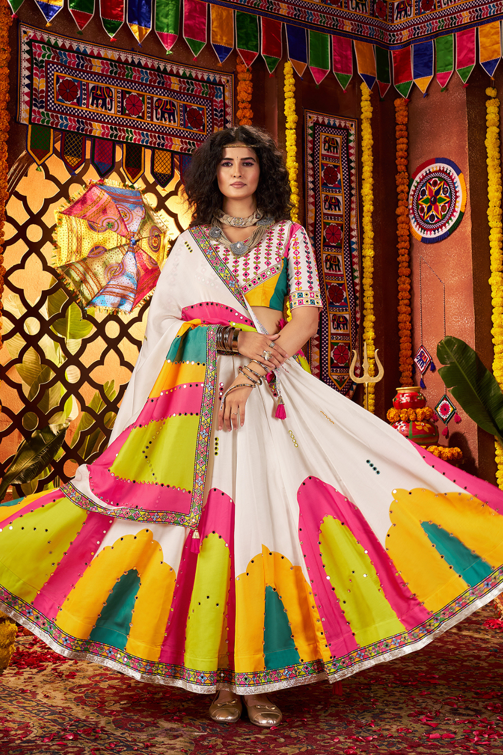 WHITE RAYON NAVRATRI LEHENGA CHOLI WITH DIGITAL PRINT AND MIRROR WORK