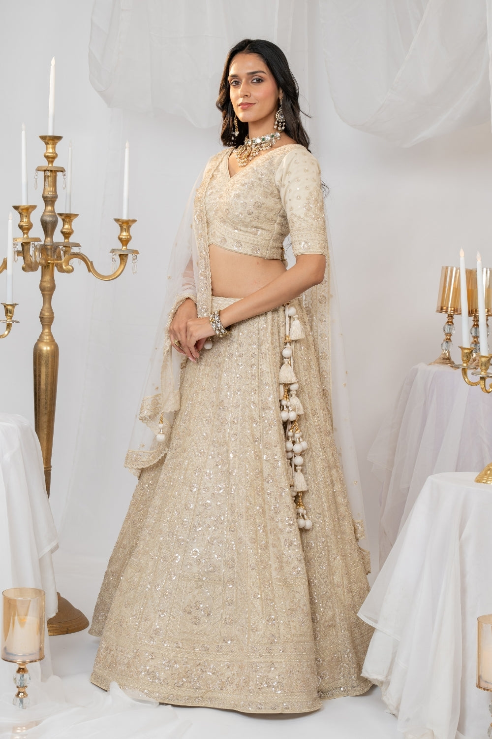 Cream Organza Net Lehenga Choli Set with Cutdana and Sequins Work