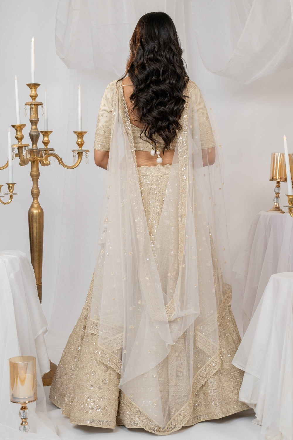 Cream Organza Net Lehenga Choli Set with Cutdana and Sequins Work