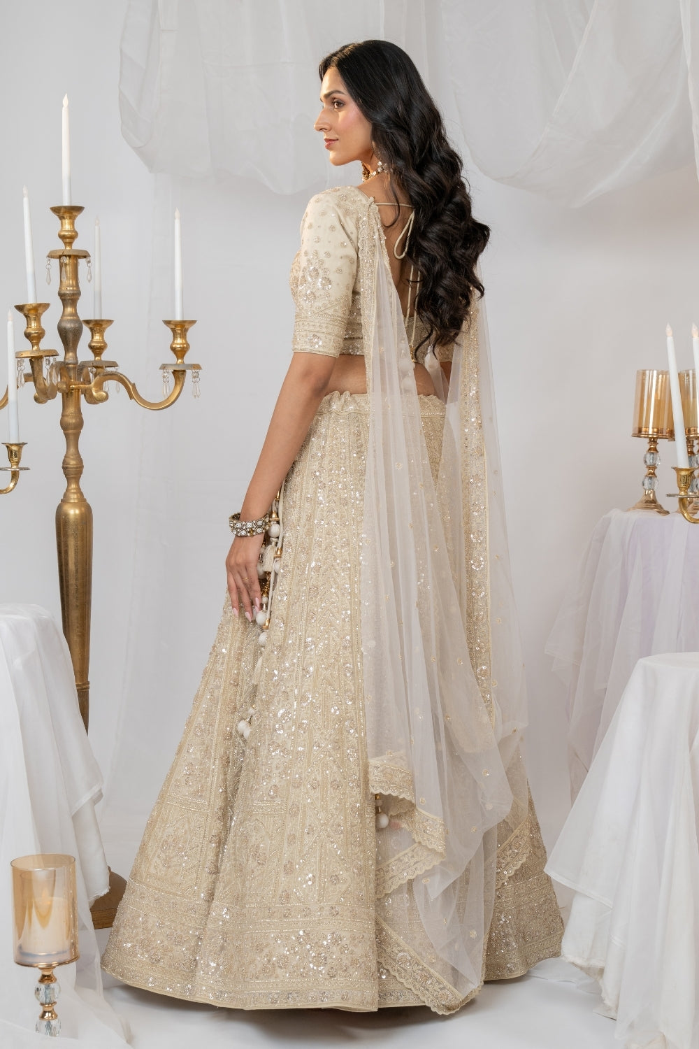 Cream Organza Net Lehenga Choli Set with Cutdana and Sequins Work