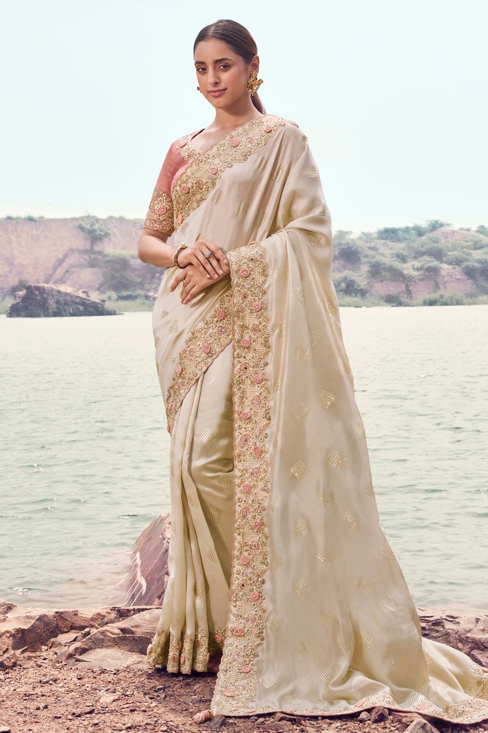 Beige Georgette Sequins and Embroidery Work Saree