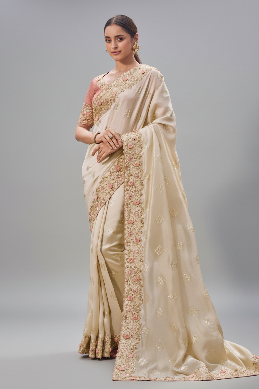Beige Georgette Sequins and Embroidery Work Saree