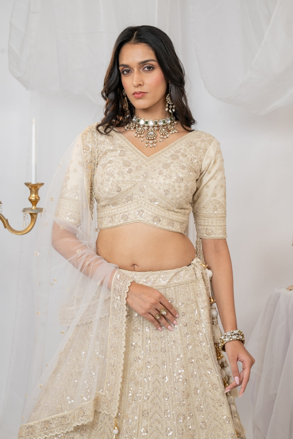 Cream Organza Net Lehenga Choli Set with Cutdana and Sequins Work