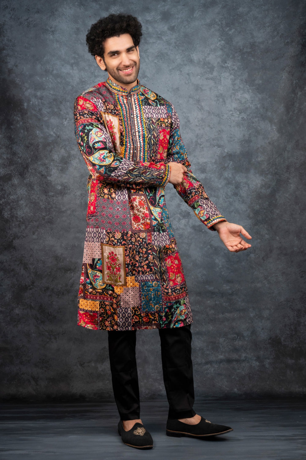 Multicolour splendid silk kurta set with resham embroidery and mirror work