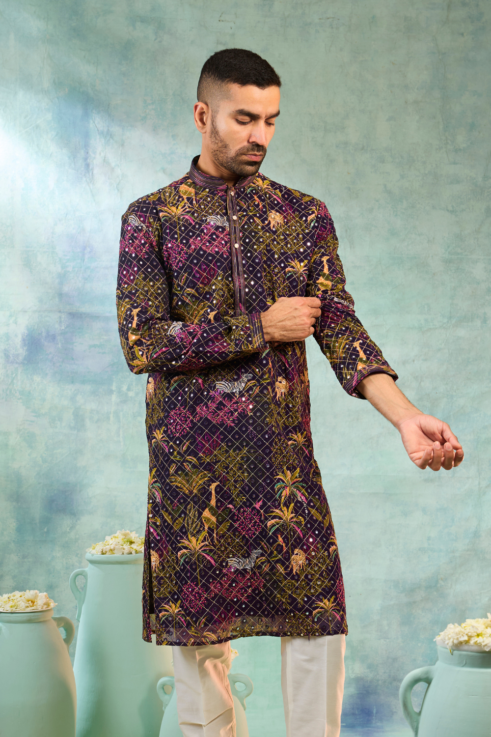 Wine kurta set with multi colour thread embroidery work