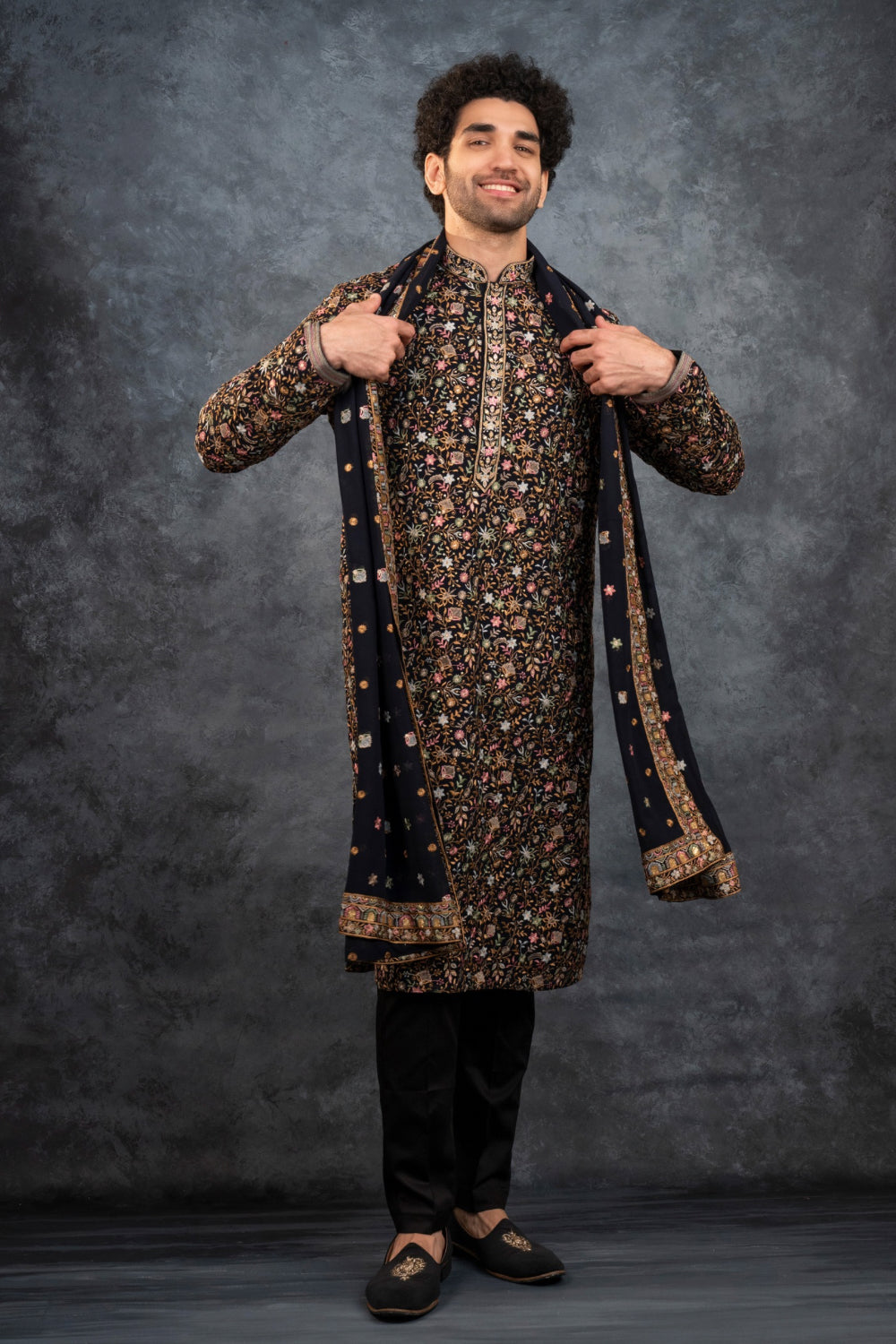 Black silk resham embroidered kurta set with sequins work