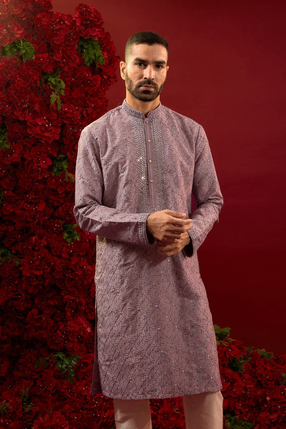 Lilac silk kurta and  pajama with  machine work