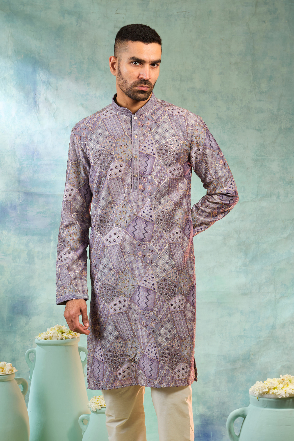 Purple silk kurta set with multicolour thread work