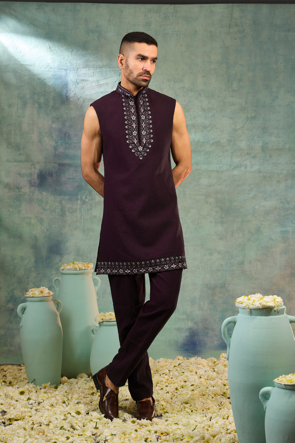 Wine silk Indo-Western with thread embroidery