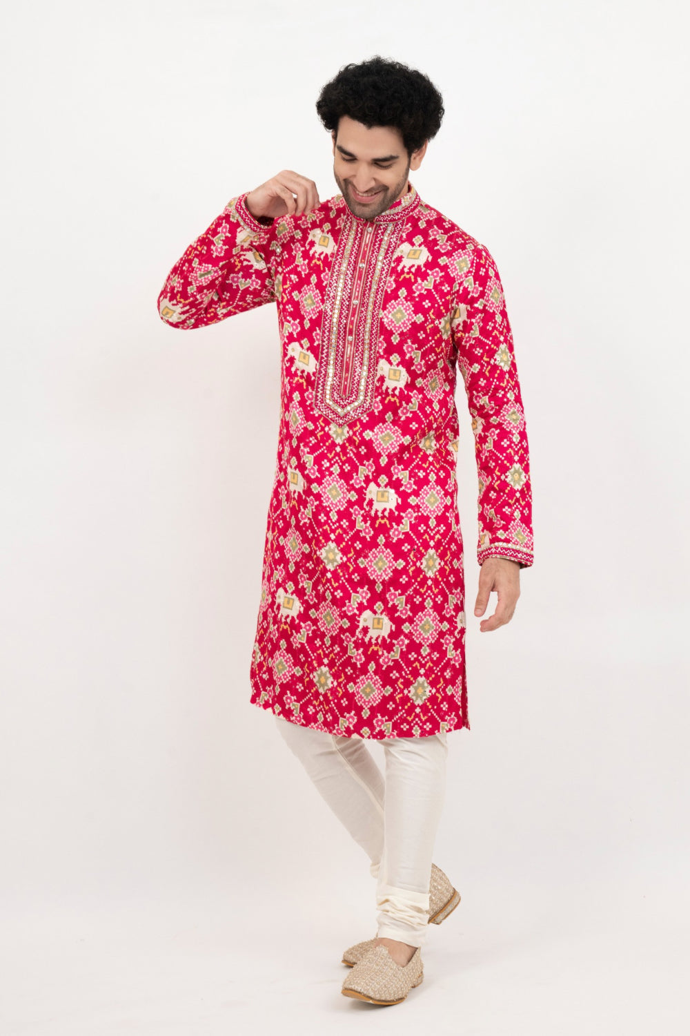 Fuchsia pink resham embroidered satin linen kurta set with kasab and mirror work