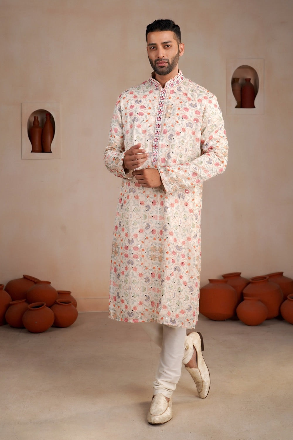 Printed off white lucknowi kurta Set