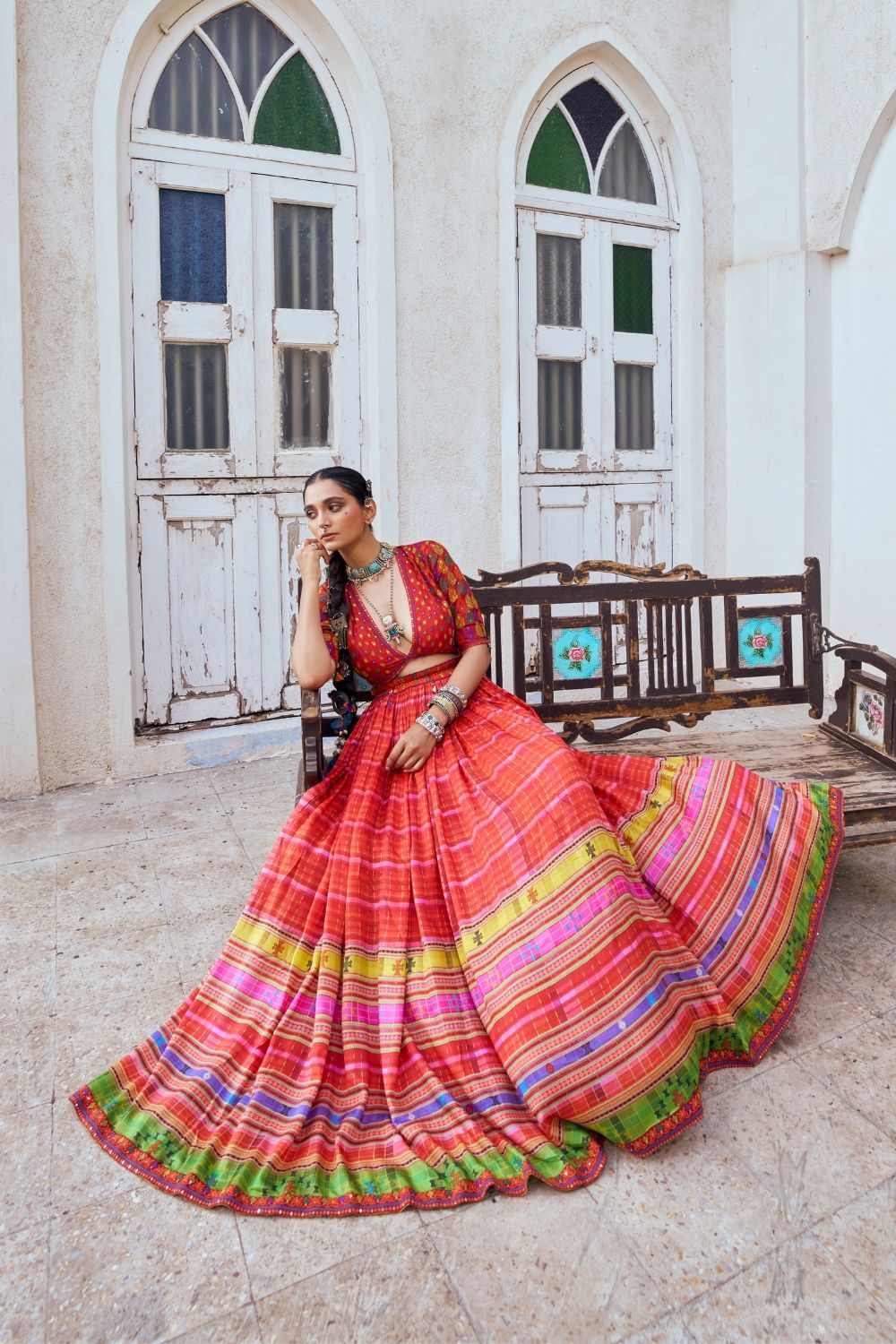 Rust silk lehenga choli with embroidery