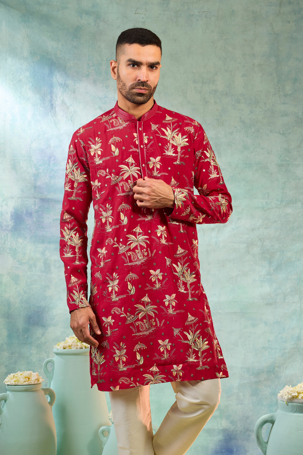 Bright red silk kurta set multi thread embroidery