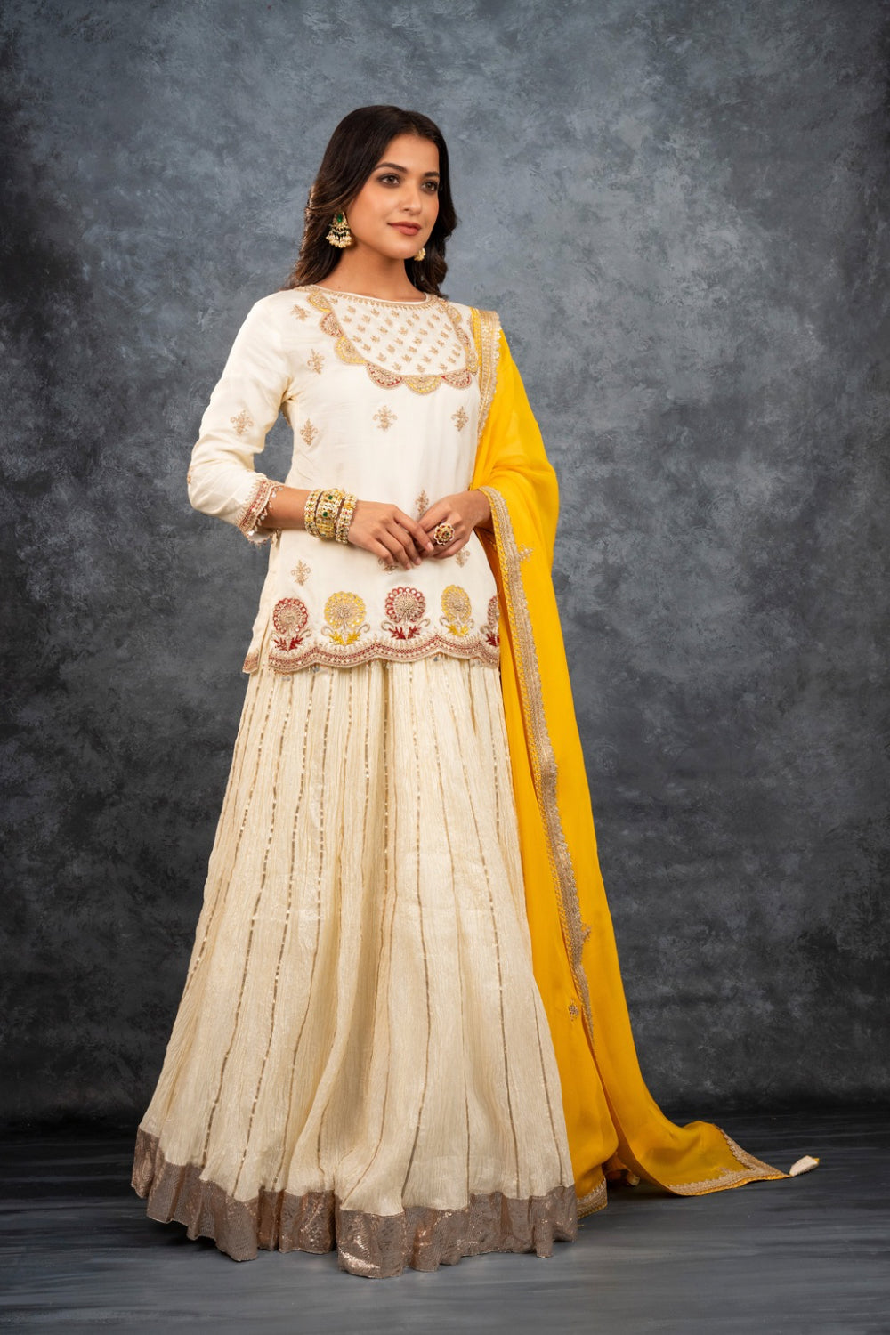 Cream crush silk zardozi embroidered Indo-western with gota pat