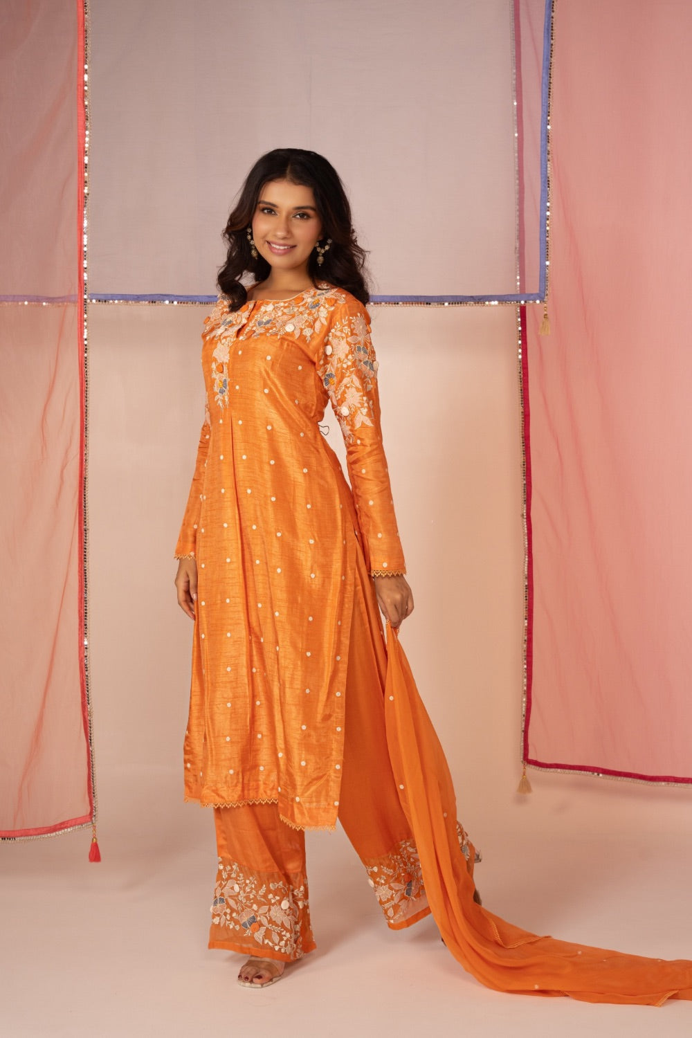 Orange satin silk salwar suit