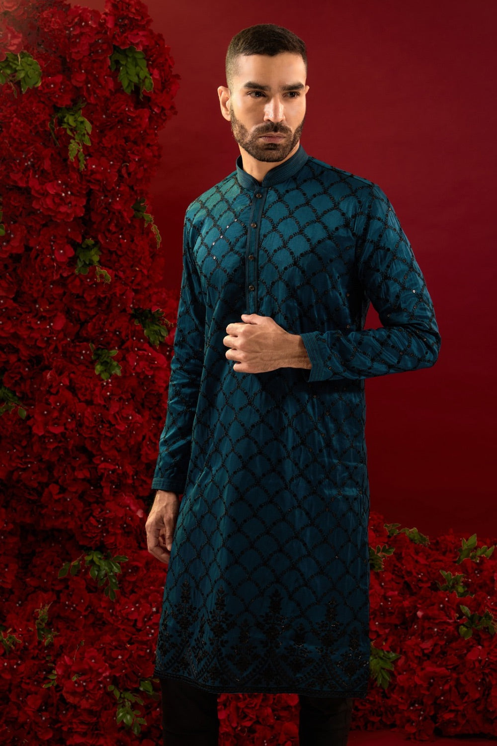 Royal blue silk kurta & pajama with machine work