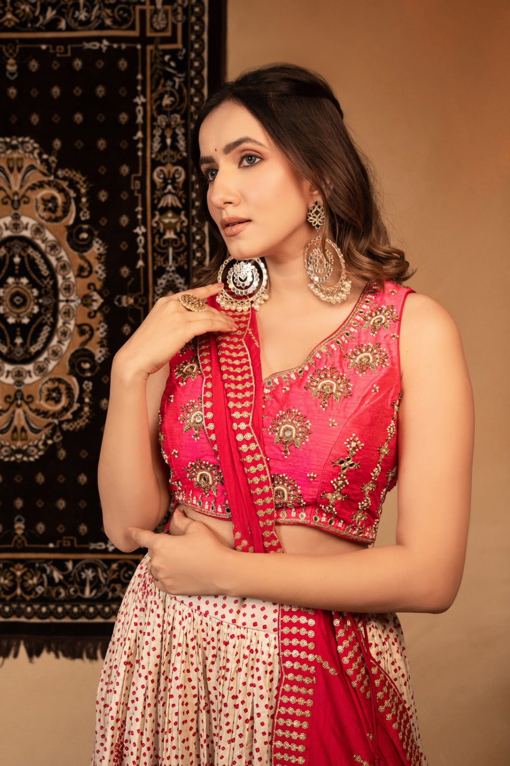 Pink gaji silk lehenga choli with zardosi, moti, and mirror work