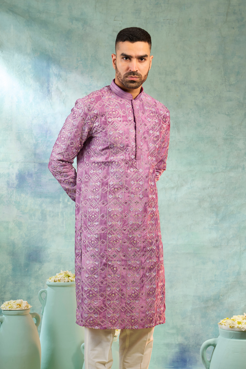 Deep pink kurta with golden thread and mirror work with pyjamas