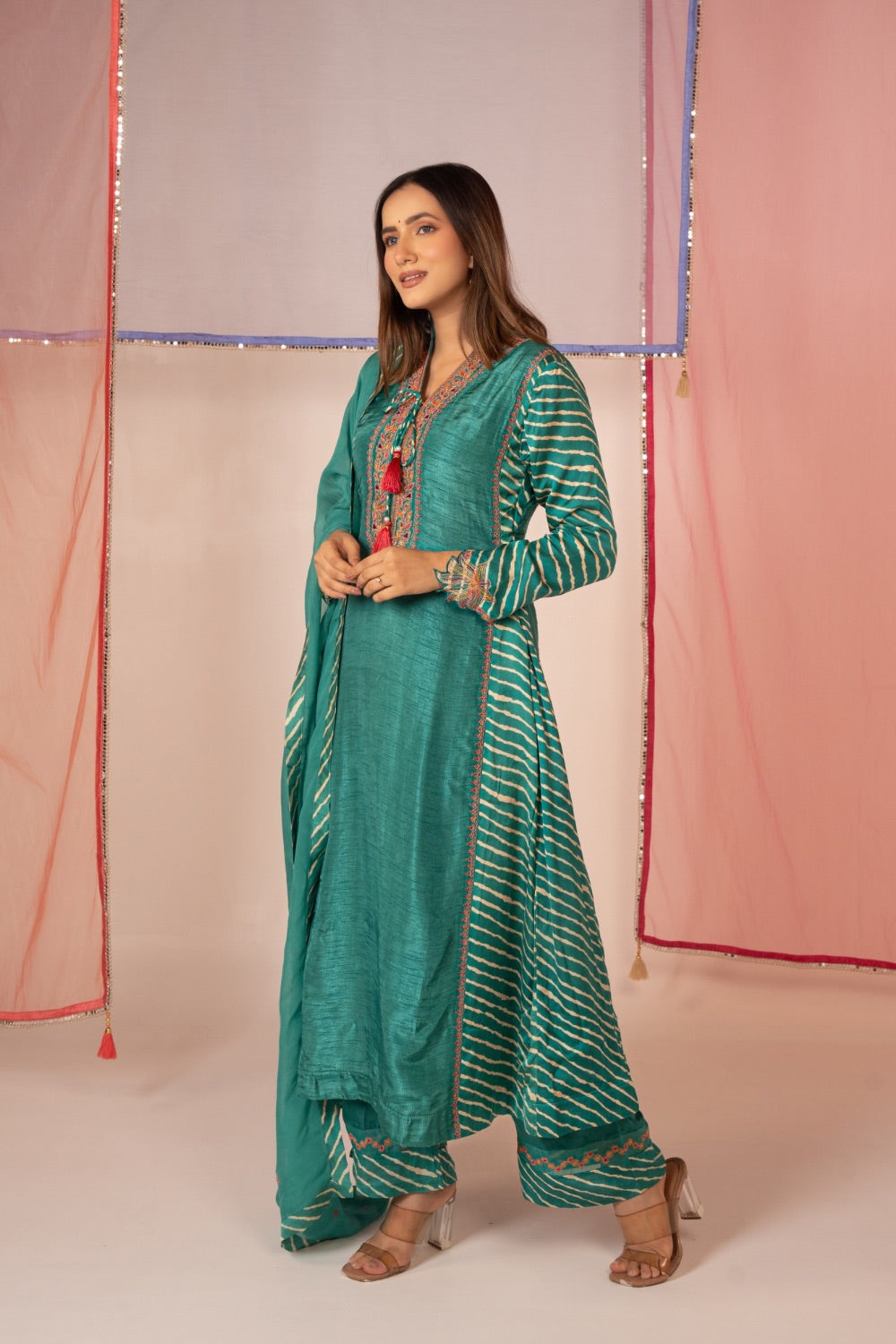 Sea green satin silk salwar suit