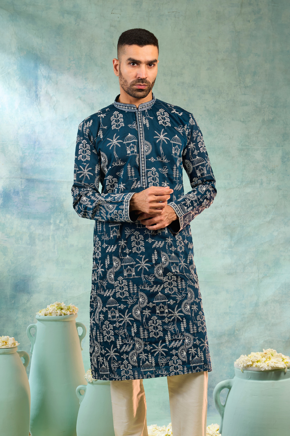 Dark blue kurta set with white contrast thread work