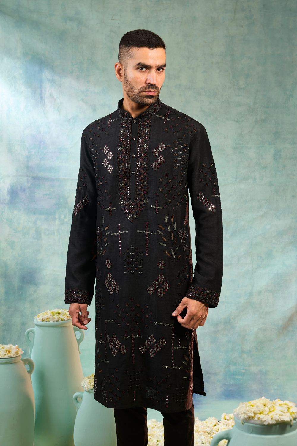 Black kurta set with maroon and silver thread work and mirror work