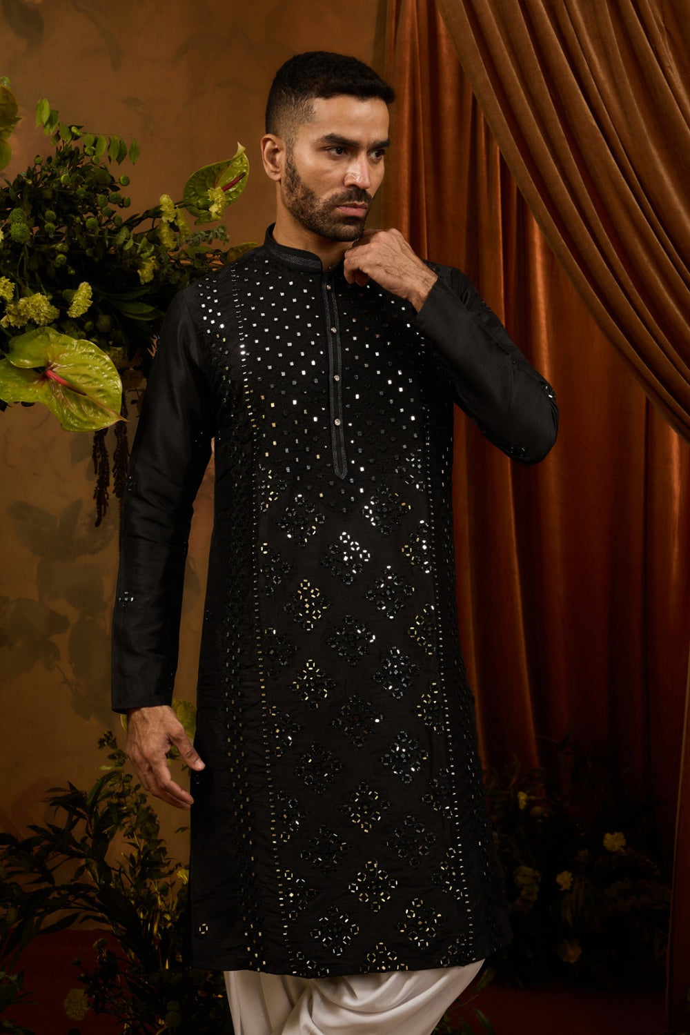 Black & White silk kurta set with thread and mirror work