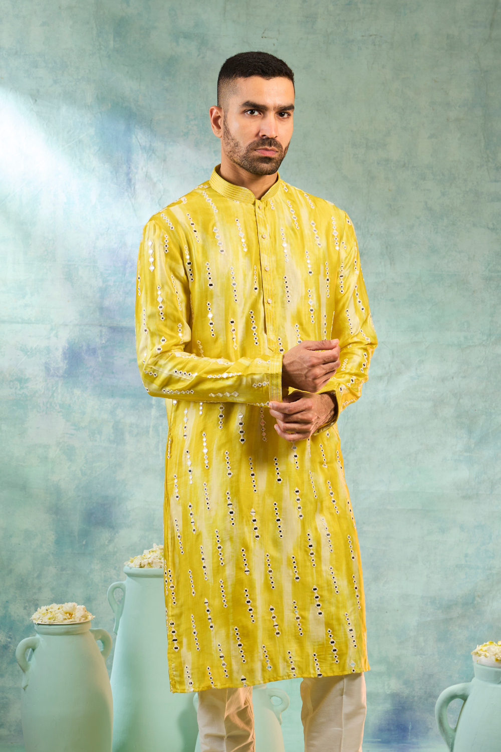 Mustard yellow kurta with thread and mirror work with cream pyjama