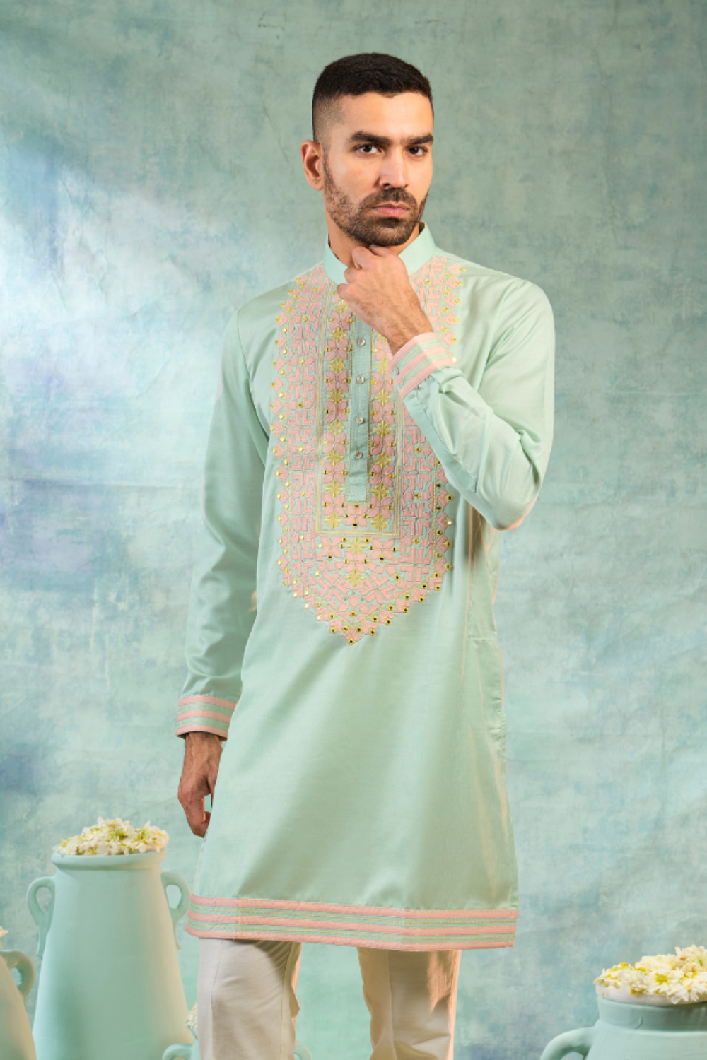 Mint kurta set with pink thread work and mirror work