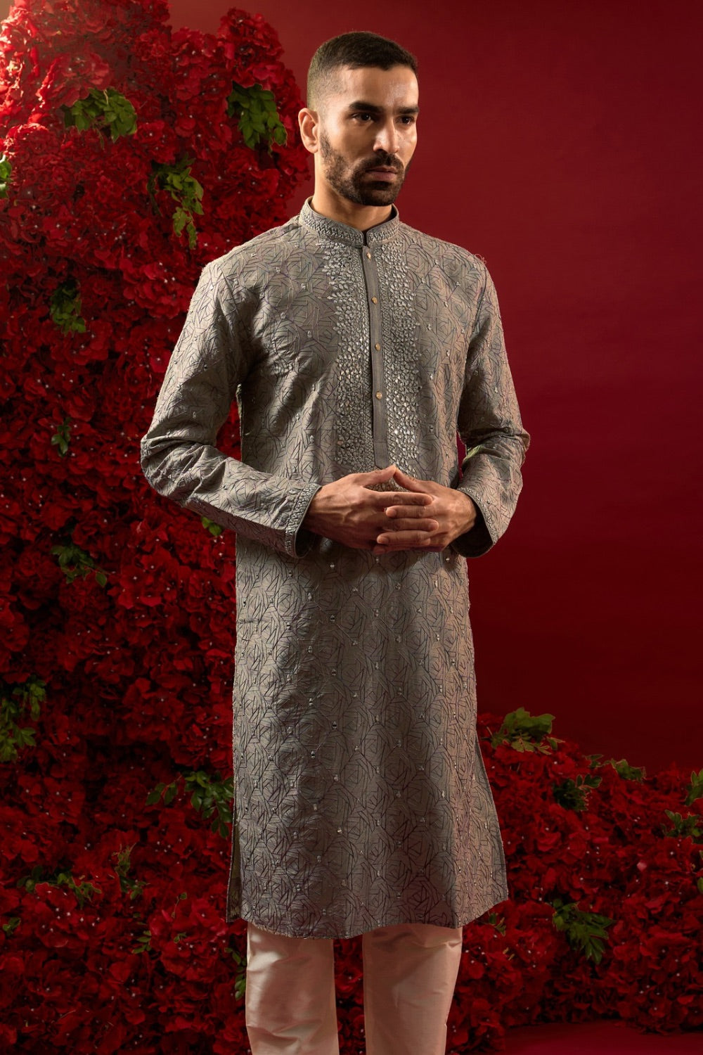 Mehandi silk kurta & pajama with hand and machine work