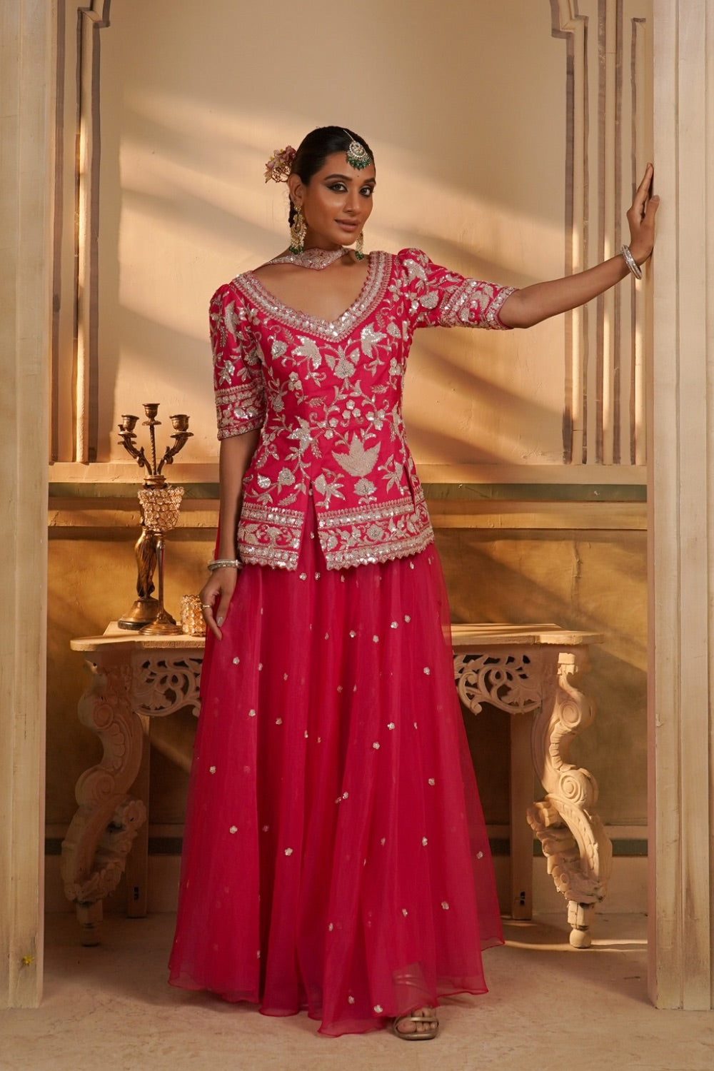 Magenta pink sequinned Sharara suit