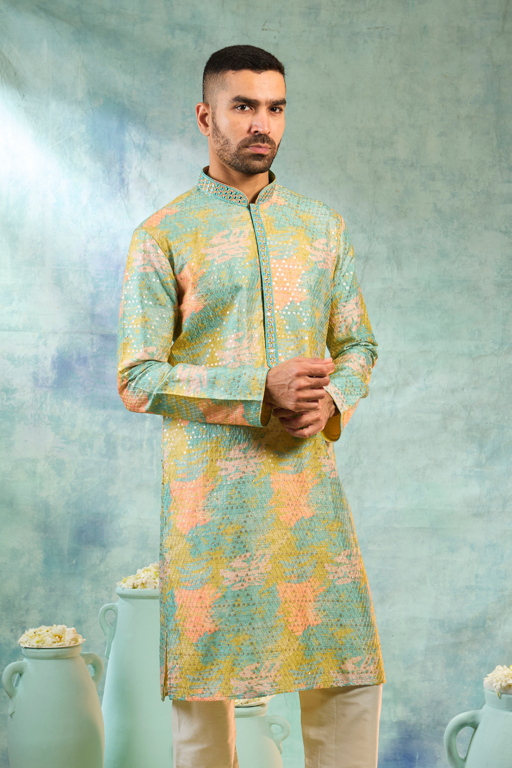 Multicolour silk kurta set with thread work and sequins work